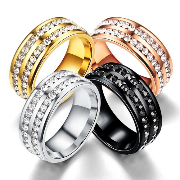 3/$35 Double Row Gold Tone Stainless Steel Band Ring Diamond Zirconia Gemstones - Picture 4 of 5